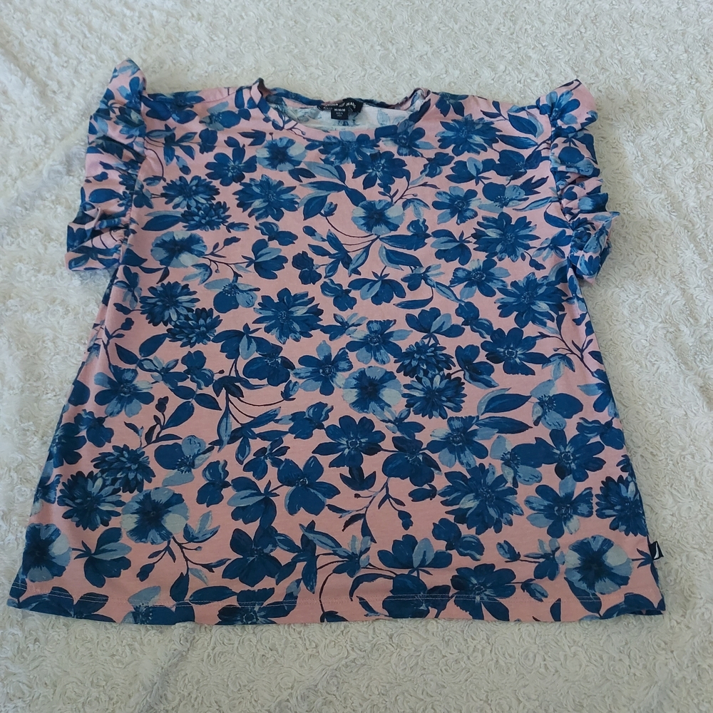 Nautica Jeans Pink & Blue Floral Ruffled Sleeve Top Tropical Spring Whimsy Fairy